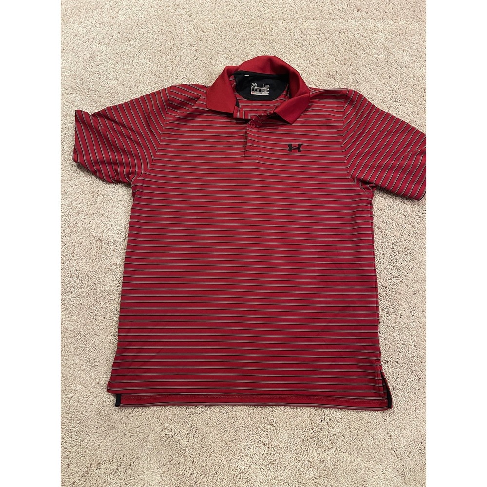 Under Armour HeatGear Men's Polo Shirt Red Black Striped Loose Fit Golf